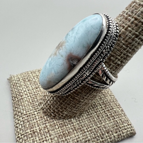 New Larimar Stone Vintage Style Silver Overlay Ring Size 8.25 - 8.5 - Picture 2 of 8